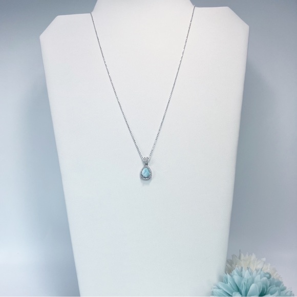 Natural Larimar CZ Diamond Dainty Sparkly Pendant Necklace Sterling Silver 925 - Picture 3 of 13